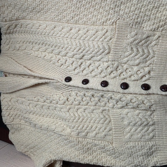 Carraig Donn Aran Knit Wool Shawl Collar Cardigan Cream Made in Ireland Mens M - Picture 8 of 12